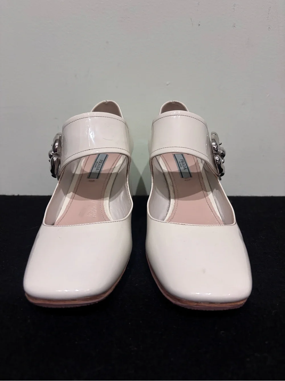 Prada White Patent Mary Jane Block Heel Pumps with Silver Floral Buckle